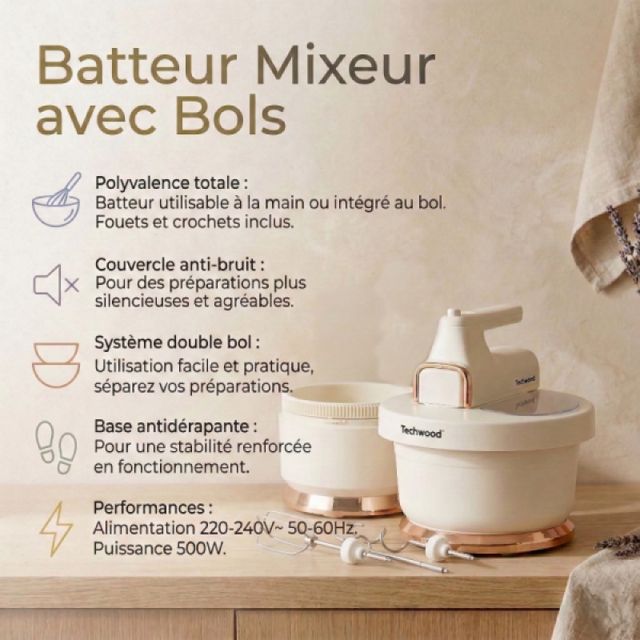 Techwood  Batteur Mixeur avec Bols 500W TMB-340